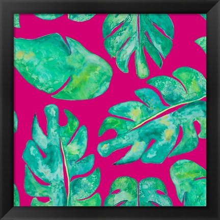 Framed Aqua Leaves On Pink Print