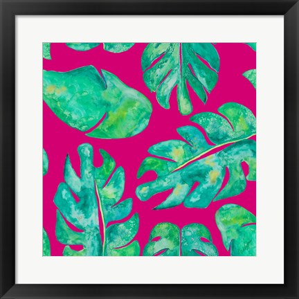 Framed Aqua Leaves On Pink Print