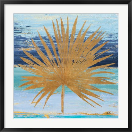Framed Gold and Teal Leaf Palm I Print