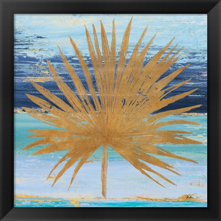 Framed Gold and Teal Leaf Palm I Print