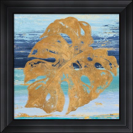 Framed Gold and Teal Leaf Palm II Print