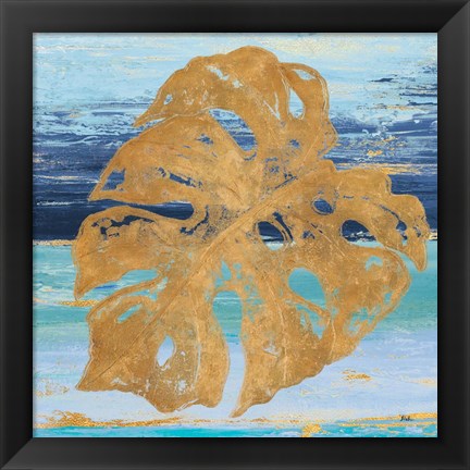 Framed Gold and Teal Leaf Palm II Print