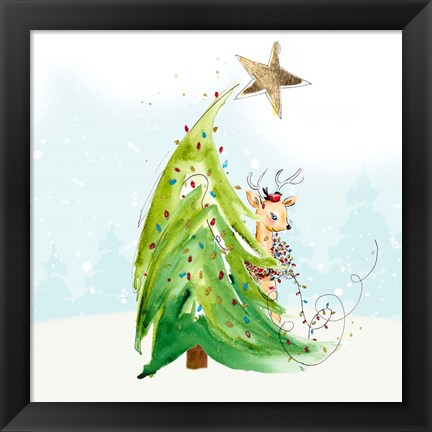 Framed Whimsical Tree and Reindeer Print