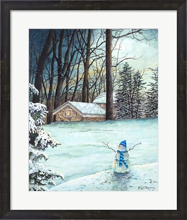 Framed Snowman in Moonlight Print