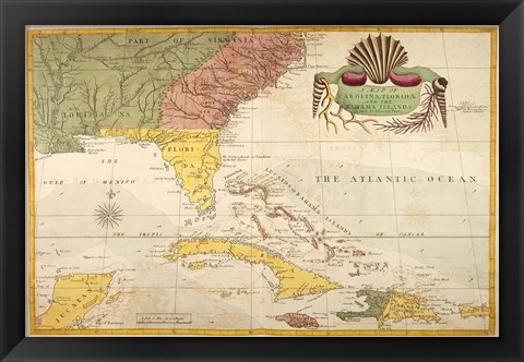 Framed Map of Carolina, Florida &amp; the Bahama Islands Print