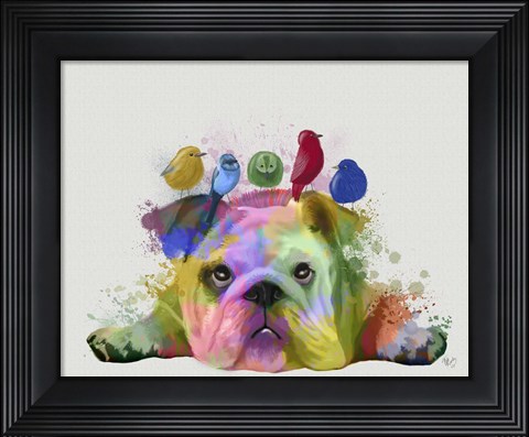 Framed English Bulldog and Birds, Rainbow Splash Print