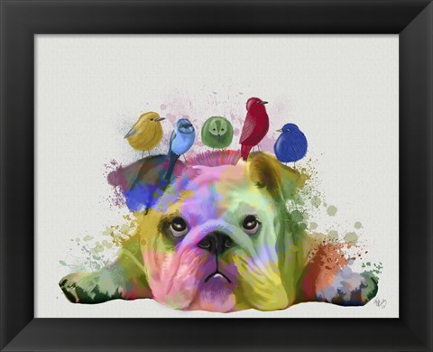 Framed English Bulldog and Birds, Rainbow Splash Print