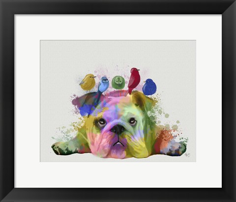 Framed English Bulldog and Birds, Rainbow Splash Print