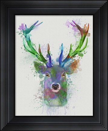 Framed Deer Head 1 Rainbow Splash Blue and Green Print