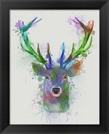 Framed Deer Head 1 Rainbow Splash Blue and Green Print