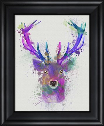 Framed Deer Head 1 Rainbow Splash Pink and Purple Print