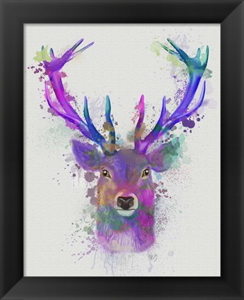 Framed Deer Head 1 Rainbow Splash Pink and Purple Print