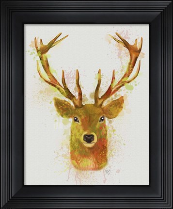 Framed Deer Head 1 Rainbow Splash Red and Gold Print
