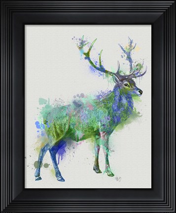 Framed Deer 1 Rainbow Splash Green Blue Print