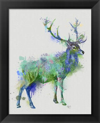 Framed Deer 1 Rainbow Splash Green Blue Print