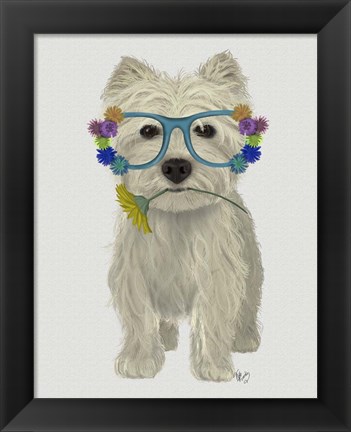 Framed West Highland Terrier Flower Glasses Print