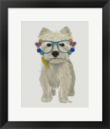 Framed West Highland Terrier Flower Glasses Print