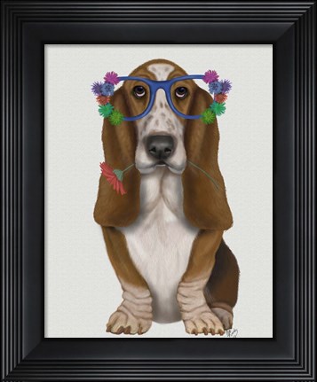 Framed Basset Hound Flower Glasses Print