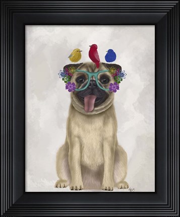 Framed Pug and Flower Glasses Print