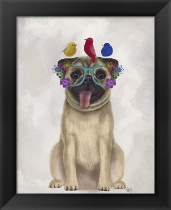 Framed Pug and Flower Glasses Print