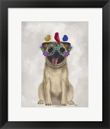 Framed Pug and Flower Glasses Print