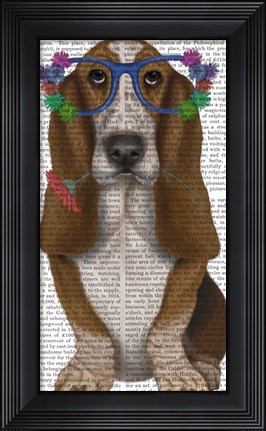 Framed Basset Hound Flower Glasses Print