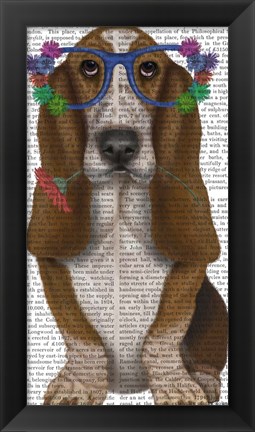 Framed Basset Hound Flower Glasses Print