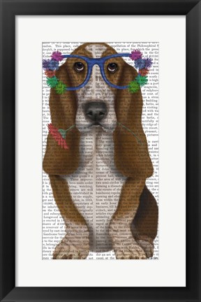 Framed Basset Hound Flower Glasses Print