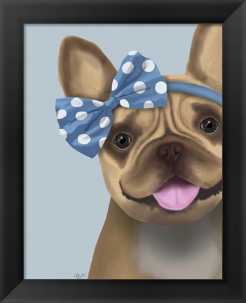 Framed French Bulldog and Blue Bow Print