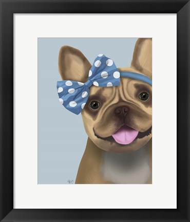 Framed French Bulldog and Blue Bow Print