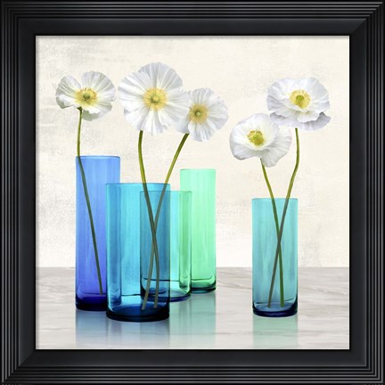 Framed Poppies in crystal vases (Aqua I) Print