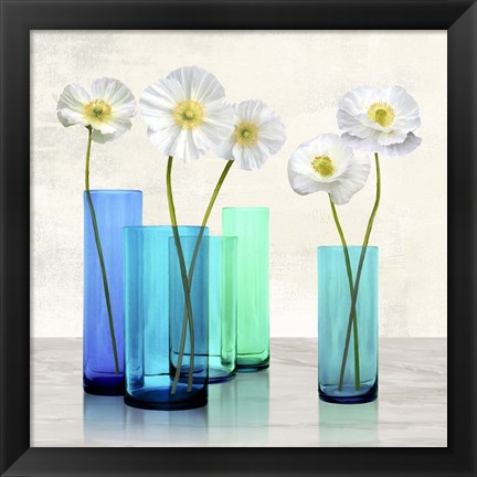 Framed Poppies in crystal vases (Aqua I) Print