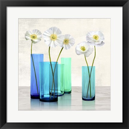 Framed Poppies in crystal vases (Aqua I) Print