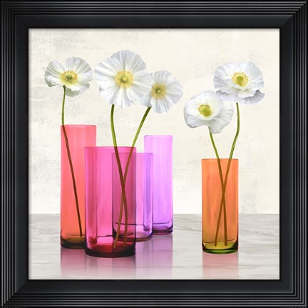 Framed Poppies in crystal vases (Purple I) Print