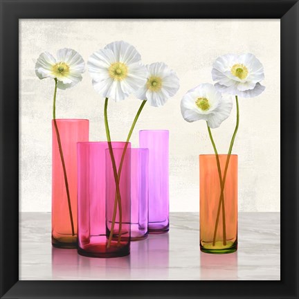 Framed Poppies in crystal vases (Purple I) Print