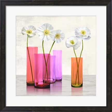 Framed Poppies in crystal vases (Purple I) Print