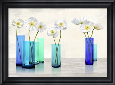 Framed Poppies in crystal vases (Aqua palette) Print