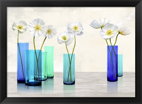 Framed Poppies in crystal vases (Aqua palette) Print