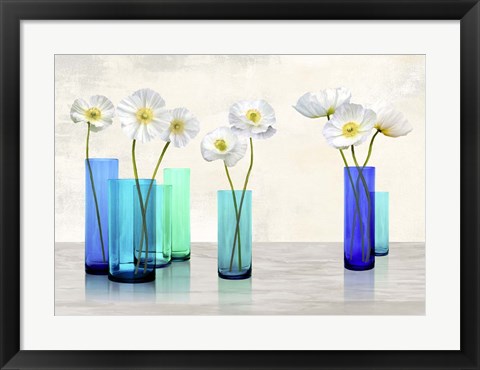 Framed Poppies in crystal vases (Aqua palette) Print