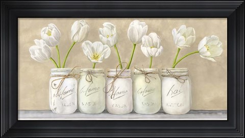 Framed White Tulips in Mason Jars Print