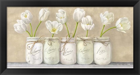 Framed White Tulips in Mason Jars Print