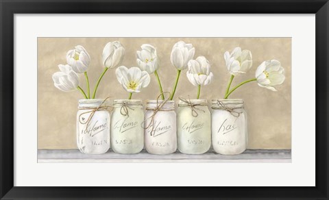 Framed White Tulips in Mason Jars Print