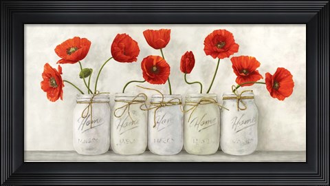 Framed Red Poppies in Mason Jars Print