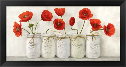 Framed Red Poppies in Mason Jars Print