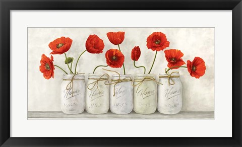 Framed Red Poppies in Mason Jars Print