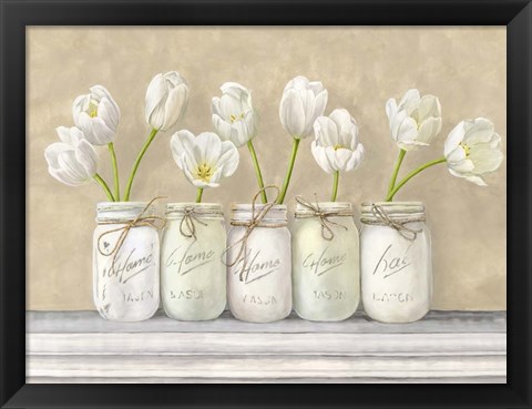 Framed White Tulips in Mason Jars Print