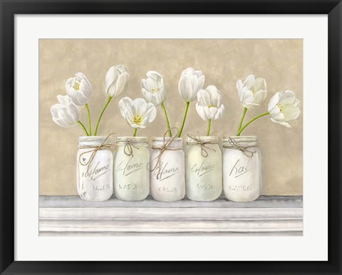 Framed White Tulips in Mason Jars Print