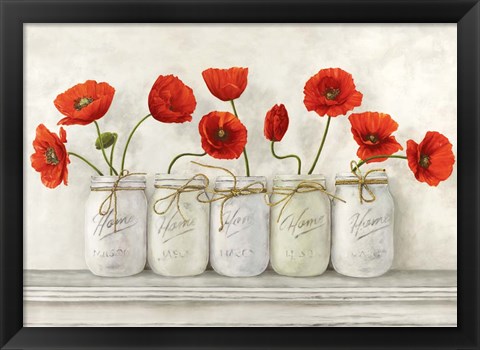 Framed Red Poppies in Mason Jars Print