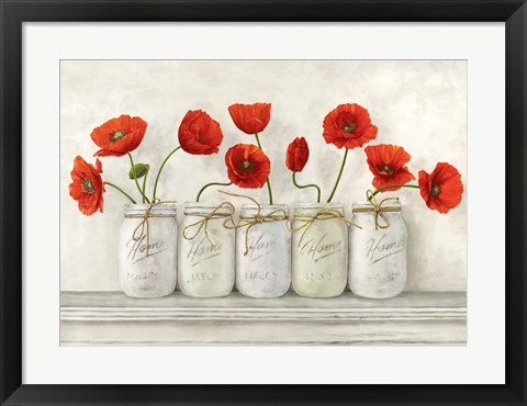 Framed Red Poppies in Mason Jars Print