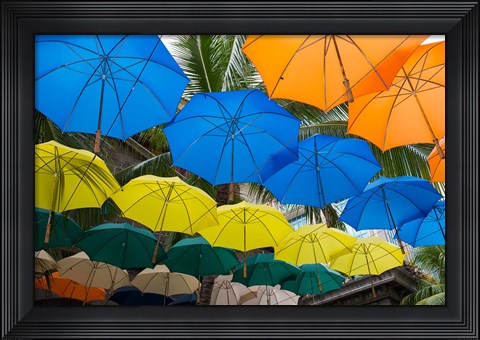 Framed Mauritius, Port Louis, Caudan Waterfront Area With Colorful Umbrella Covering Print